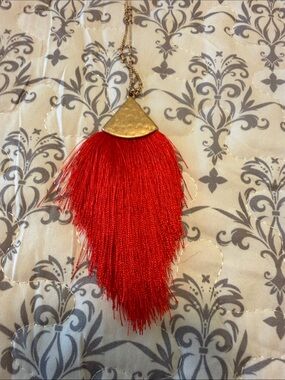 Influence Red Feather Tassel Pendant Necklace with Gold Accent- 15” w/ 3” exte